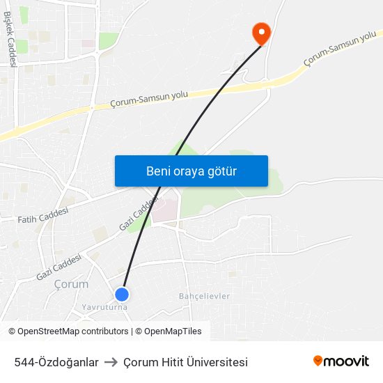 544-Özdoğanlar to Çorum Hitit Üniversitesi map