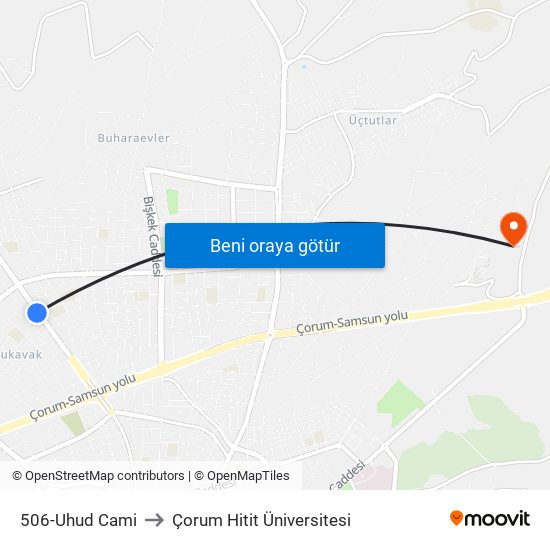 506-Uhud Cami to Çorum Hitit Üniversitesi map