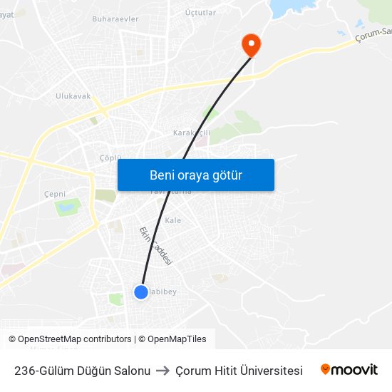 236-Gülüm Düğün Salonu to Çorum Hitit Üniversitesi map