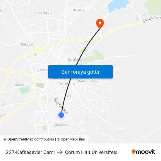 227-Kafkasevler Cami to Çorum Hitit Üniversitesi map