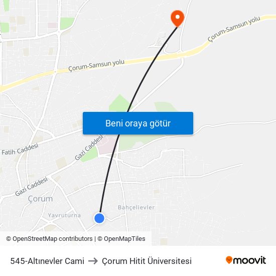 545-Altınevler Cami to Çorum Hitit Üniversitesi map