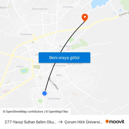 277-Yavuz Sultan Selim Okulları to Çorum Hitit Üniversitesi map