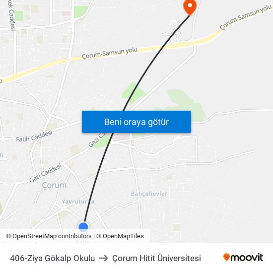 406-Ziya Gökalp Okulu to Çorum Hitit Üniversitesi map