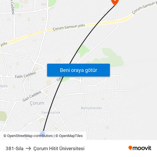 381-Sıla to Çorum Hitit Üniversitesi map