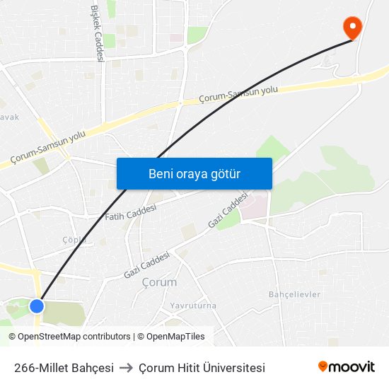 266-Millet Bahçesi to Çorum Hitit Üniversitesi map