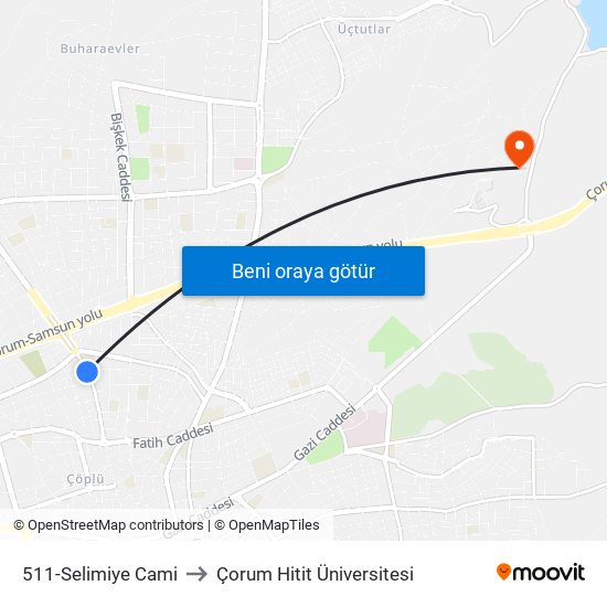 511-Selimiye Cami to Çorum Hitit Üniversitesi map