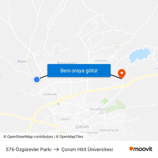 576-Özgürevler Parkı to Çorum Hitit Üniversitesi map