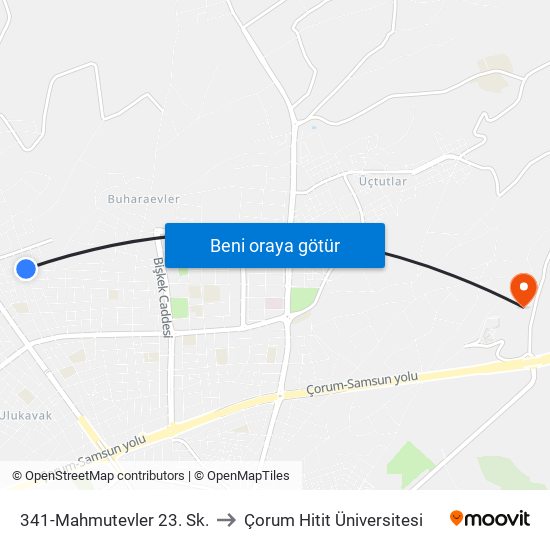 341-Mahmutevler 23. Sk. to Çorum Hitit Üniversitesi map