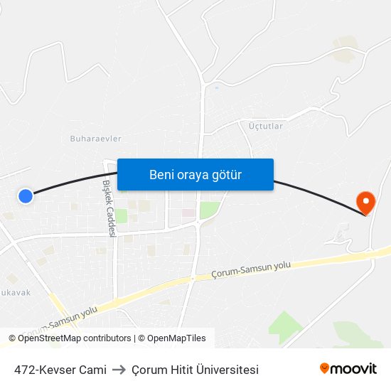 472-Kevser Cami to Çorum Hitit Üniversitesi map