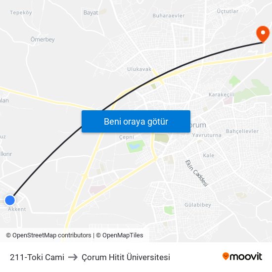 211-Toki Cami to Çorum Hitit Üniversitesi map