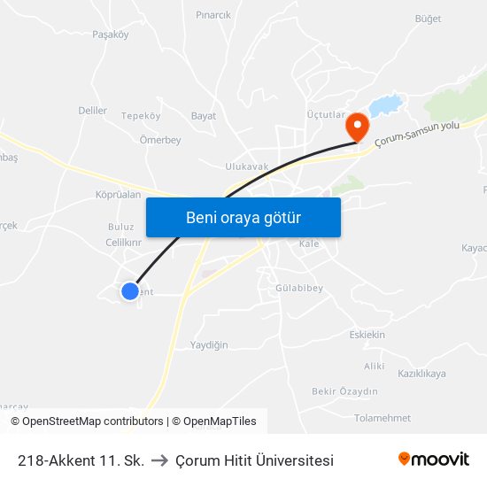 218-Akkent 11. Sk. to Çorum Hitit Üniversitesi map