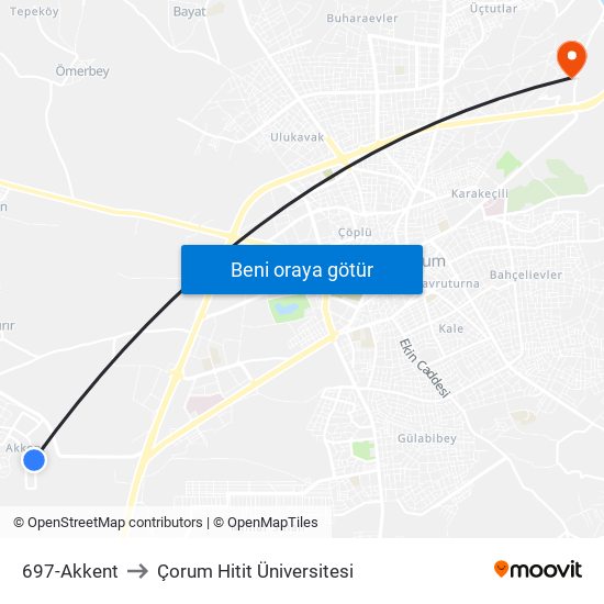 697-Akkent to Çorum Hitit Üniversitesi map