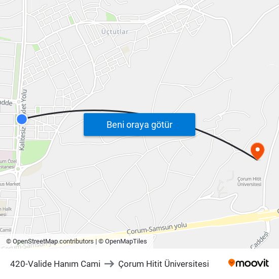 420-Valide Hanım Cami to Çorum Hitit Üniversitesi map