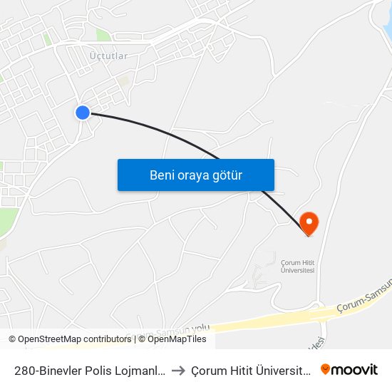 280-Binevler Polis Lojmanları to Çorum Hitit Üniversitesi map