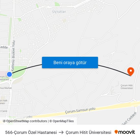 566-Çorum Özel Hastanesi to Çorum Hitit Üniversitesi map