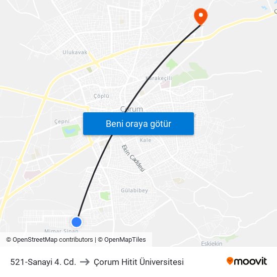 521-Sanayi 4. Cd. to Çorum Hitit Üniversitesi map