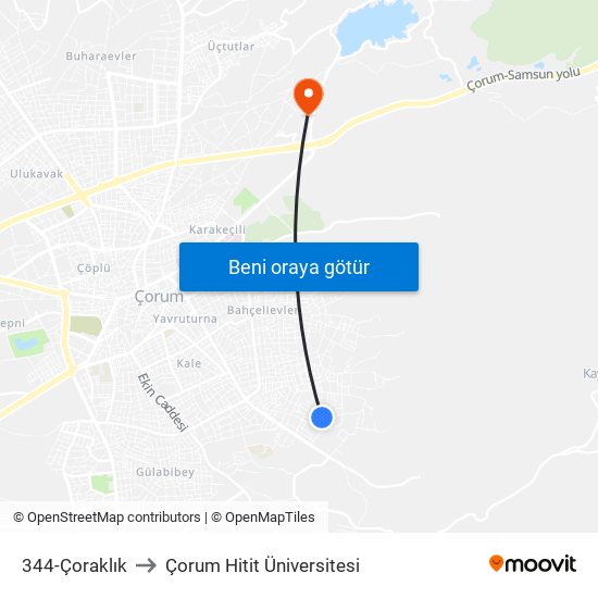 344-Çoraklık to Çorum Hitit Üniversitesi map