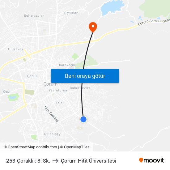 253-Çoraklık 8. Sk. to Çorum Hitit Üniversitesi map