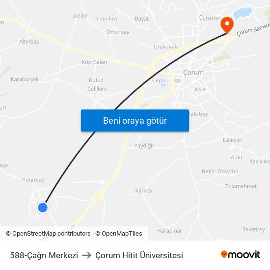 588-Çağrı Merkezi to Çorum Hitit Üniversitesi map