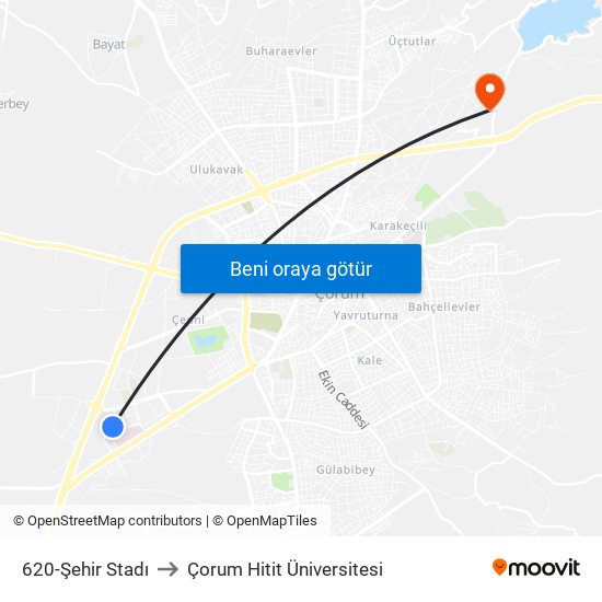 620-Şehir Stadı to Çorum Hitit Üniversitesi map