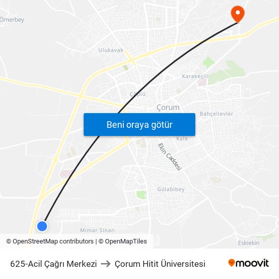 625-Acil Çağrı Merkezi to Çorum Hitit Üniversitesi map