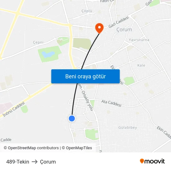 489-Tekin to Çorum map