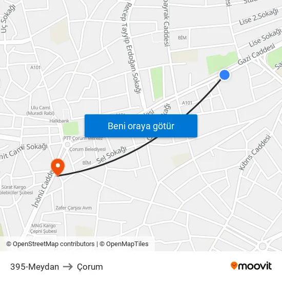 395-Meydan to Çorum map
