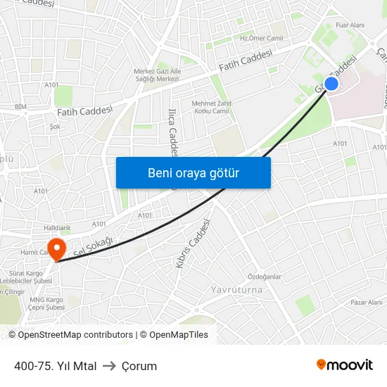 400-75. Yıl Mtal to Çorum map