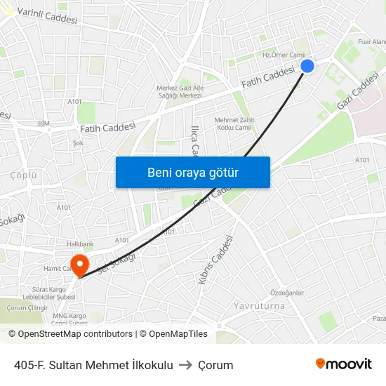 405-F. Sultan Mehmet İlkokulu to Çorum map