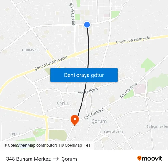 348-Buhara Merkez to Çorum map