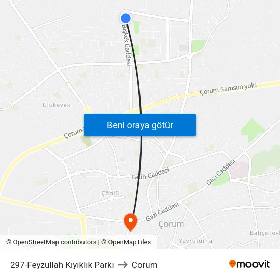 297-Feyzullah Kıyıklık Parkı to Çorum map