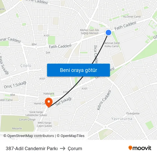 387-Adil Candemir Parkı to Çorum map