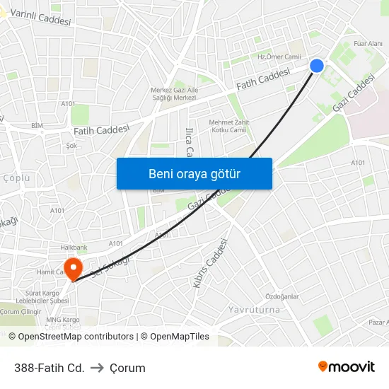388-Fatih Cd. to Çorum map
