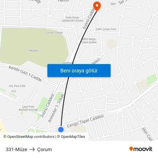 331-Müze to Çorum map