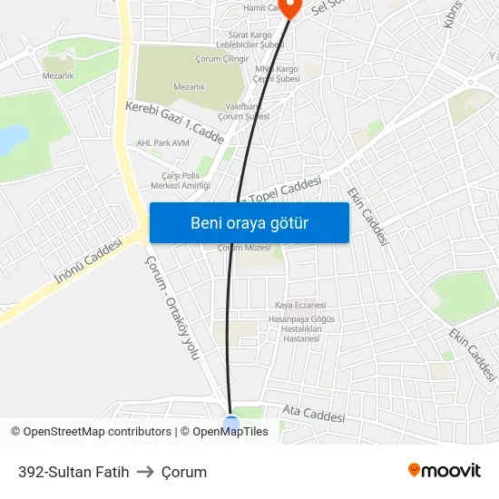 392-Sultan Fatih to Çorum map