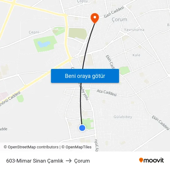 603-Mimar Sinan Çamlık to Çorum map