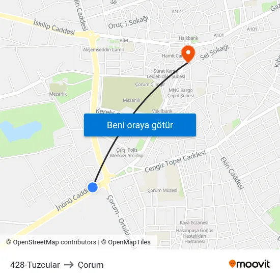 428-Tuzcular to Çorum map
