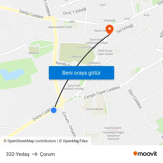 332-Yedaş to Çorum map