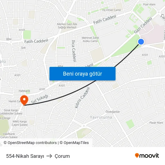 554-Nikah Sarayı to Çorum map