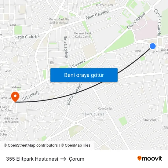 355-Elitpark Hastanesi to Çorum map