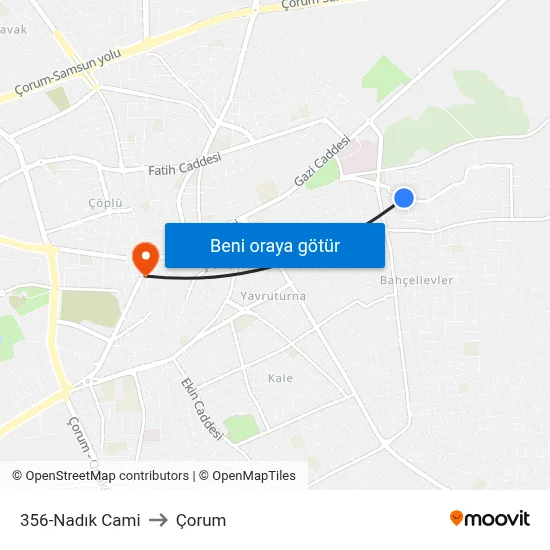 356-Nadık Cami to Çorum map