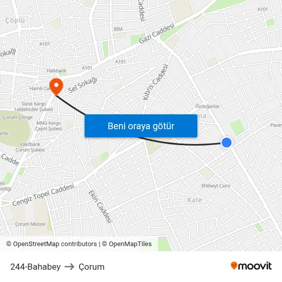 244-Bahabey to Çorum map