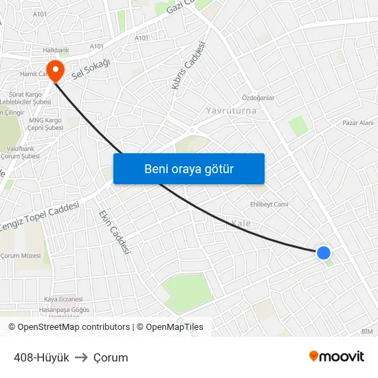 408-Hüyük to Çorum map