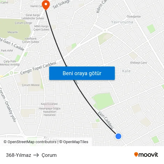 368-Yılmaz to Çorum map