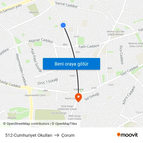 512-Cumhuriyet Okulları to Çorum map