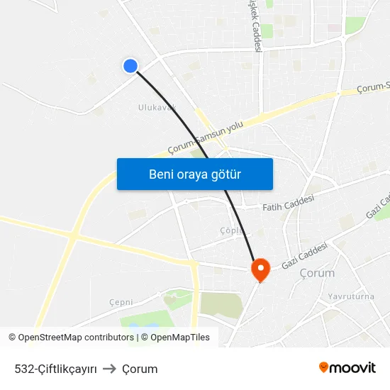 532-Çiftlikçayırı to Çorum map