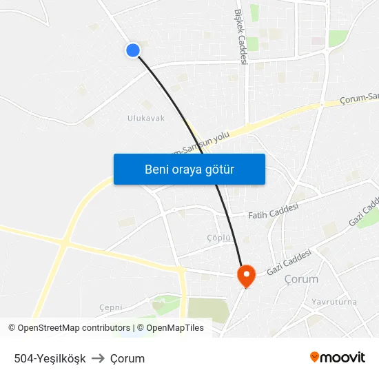 504-Yeşilköşk to Çorum map