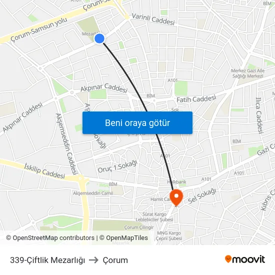 339-Çiftlik Mezarlığı to Çorum map