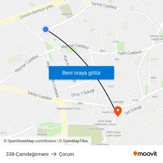 338-Çamdeğirmeni to Çorum map