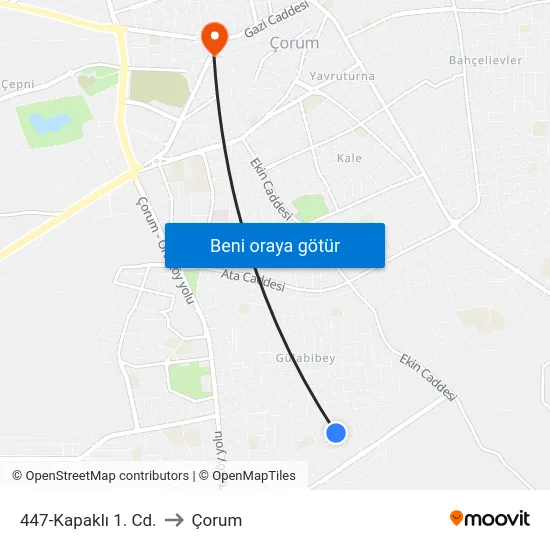 447-Kapaklı 1. Cd. to Çorum map